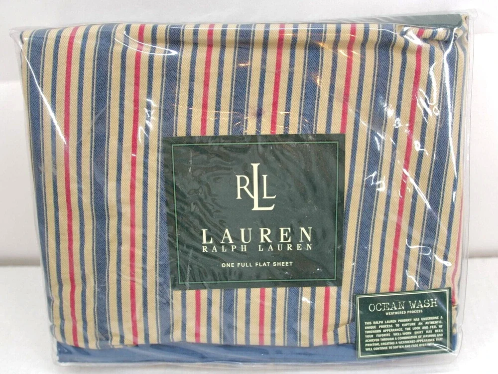 Ralph Lauren CHADWICK Striped OCEAN WASH Full Flat Sheet & 2 Pillowcases Vintage